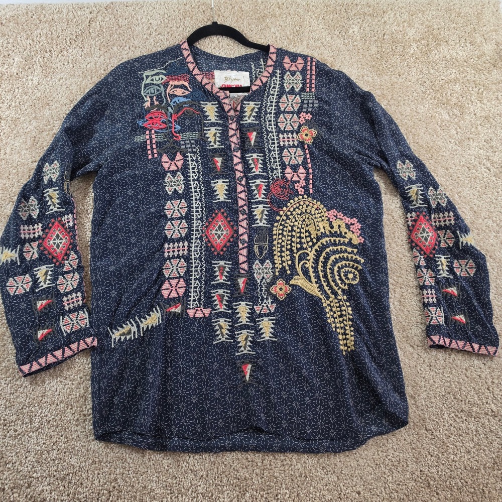 Biya Johnny Was Tunic Top Embroidered Silk Boho Navy Blue Small